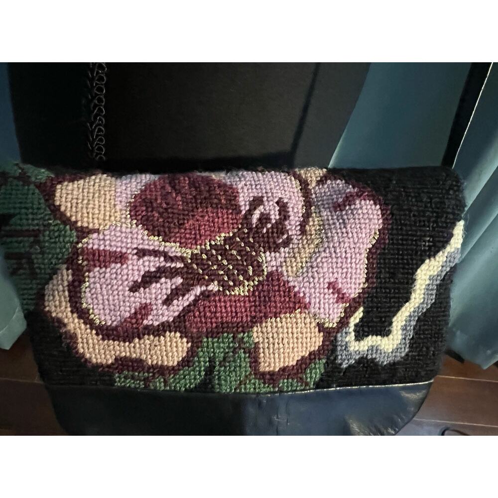 Vintage ‘80’s Patricia Smith Moon-Bag Floral Embroidered Needlepoint Purse